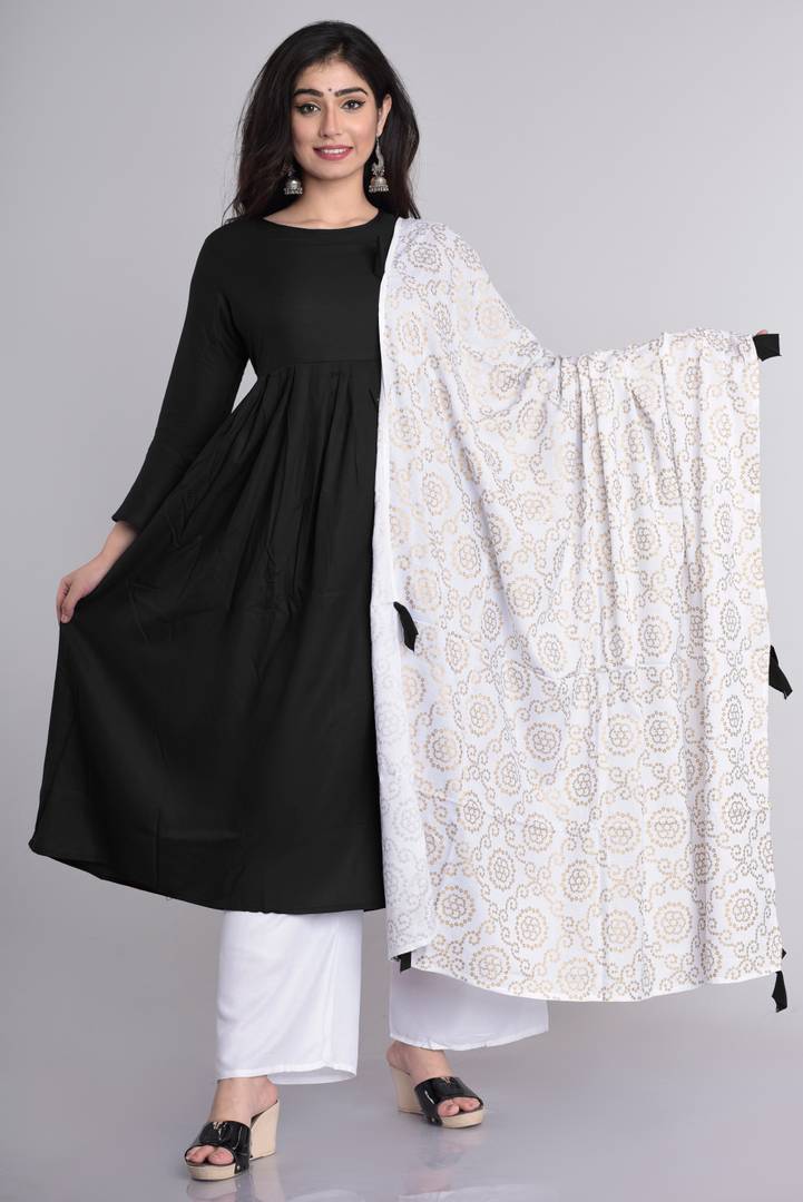 Stylish Rayon Black Solid Anarkali Kurta With Palazzo And Dupatta Set